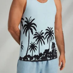 OUKU Men's 100% Cotton Graphic Tank Top Casual Vest Top Coconut Tree Fashion Hawaiian Undershirt Street Daily Beach T shirt White Blue Short Sleeve Crew Neck Shirt Spring & Summer Clothing Apparel