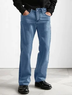Hot OUKU Men's 100% Cotton Jeans Solid Color Full Length Outdoor Casual Daily Vintage Fashion Blue Light Blue Micro-elastic