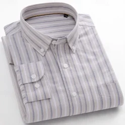 New OUKU Men's 100% Cotton Oxford Shirt grey blue Light Green Pink Purple Long Sleeve Striped Button Down Collar School Wedding Buttons Clothing Apparel Neutral Fashion Daily