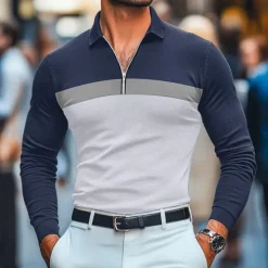 Discount OUKU Men's 60% Cotton Polo Shirts Quarter Zip Polo Street Vacation Quarter Zip Long Sleeve Fashion Basic Patchwork Color Block Spring & Fall Regular Fit Black White Burgundy Navy Blue Army Green Dark Gray