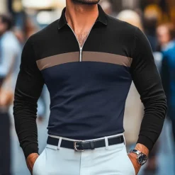 Discount OUKU Men's 60% Cotton Polo Shirts Quarter Zip Polo Street Vacation Quarter Zip Long Sleeve Fashion Basic Patchwork Color Block Spring & Fall Regular Fit Black White Burgundy Navy Blue Army Green Dark Gray