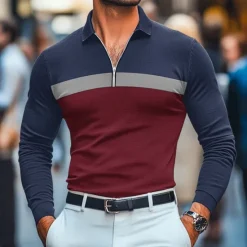 Discount OUKU Men's 60% Cotton Polo Shirts Quarter Zip Polo Street Vacation Quarter Zip Long Sleeve Fashion Basic Patchwork Color Block Spring & Fall Regular Fit Black White Burgundy Navy Blue Army Green Dark Gray