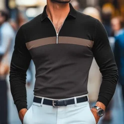 Discount OUKU Men's 60% Cotton Polo Shirts Quarter Zip Polo Street Vacation Quarter Zip Long Sleeve Fashion Basic Patchwork Color Block Spring & Fall Regular Fit Black White Burgundy Navy Blue Army Green Dark Gray