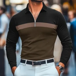 Discount OUKU Men's 60% Cotton Polo Shirts Quarter Zip Polo Street Vacation Quarter Zip Long Sleeve Fashion Basic Patchwork Color Block Spring & Fall Regular Fit Black White Burgundy Navy Blue Army Green Dark Gray