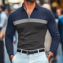 Discount OUKU Men's 60% Cotton Polo Shirts Quarter Zip Polo Street Vacation Quarter Zip Long Sleeve Fashion Basic Patchwork Color Block Spring & Fall Regular Fit Black White Burgundy Navy Blue Army Green Dark Gray