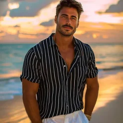 Clearance OUKU Men's 100% Cotton Shirt Blue Short Sleeve Striped Vertical Stripes Turndown Outdoor Causal Button Clothing Apparel Vacation Daily Black