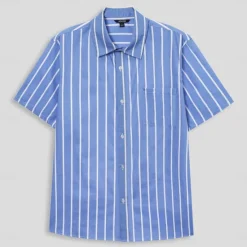 Clearance OUKU Men's 100% Cotton Shirt Blue Short Sleeve Striped Vertical Stripes Turndown Outdoor Causal Button Clothing Apparel Vacation Daily Black