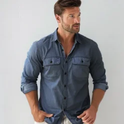 Clearance OUKU Men's 100% Cotton Shirt Button Up Shirt Casual Shirt Button Down Shirt Blue Long Sleeve Solid Color Turndown Shirt Collar Outdoor Work Pocket Clothing Apparel Neutral Daily Sports & Outdoors