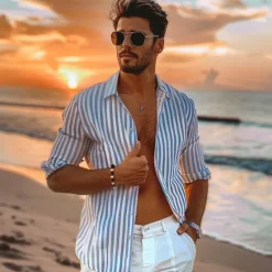 Best OUKU Men's 100% Cotton Shirt Summer Shirt Button Up Shirt Casual Shirt Black Blue Long Sleeve Stripes Lapel Daily Wear Vacation Clothing Apparel Cotton Fashion Hawaiian Casual