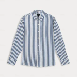 Best OUKU Men's 100% Cotton Shirt Summer Shirt Button Up Shirt Casual Shirt Black Blue Long Sleeve Stripes Lapel Daily Wear Vacation Clothing Apparel Cotton Fashion Hawaiian Casual