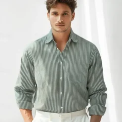 Online OUKU Men's 100% Cotton Striped Oxford Shirt Black Blue Green Light Grey Long Sleeve Shirt Collar School Wedding Clothing Apparel Vacation Vintage Neutral Fashion