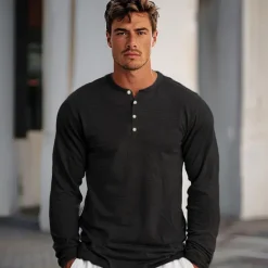 OUKU Men's 100% Cotton T-Shirt Solid Color Crew Neck Normal Outdoor Gift Long Sleeve Button Crewneck Clothing Apparel Daily Sports & Outdoors