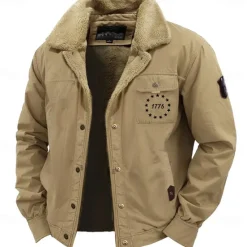 OUKU Men's 1776 Letter Print Embroidered Fleece Jacket Sherpa Trucker Jacket Work Cargo Jacket Turn-Down Collar Warm Winter Cotton Jacket Vintage Casual Going Out Coat Multi-Pockets