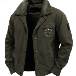 OUKU Men's 1776 Letter Print Embroidered Fleece Jacket Sherpa Trucker Jacket Work Cargo Jacket Turn-Down Collar Warm Winter Cotton Jacket Vintage Casual Going Out Coat Multi-Pockets