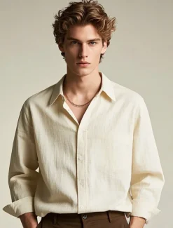 Online OUKU Men's 100% Linen Shirt wash-and-wear no-iron Blue Army Green Beige Long Sleeve Solid Color Rolled collar Outdoor Causal Buttons Clothing Apparel Daily Casual Daily Leisure