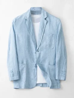 Online OUKU Men's 100% Linen Blazer Blazer Jacket School Formal Wedding Elegant Vacation Summer Spring 100% Linen Linen Solid Color Single Breasted Two-button Blazer Dark Gray Navy Blue Beige Light Blue