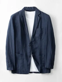 Online OUKU Men's 100% Linen Blazer Blazer Jacket School Formal Wedding Elegant Vacation Summer Spring 100% Linen Linen Solid Color Single Breasted Two-button Blazer Dark Gray Navy Blue Beige Light Blue