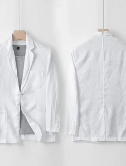 Best OUKU Men's 100% Linen Blazer Blazer Business Cocktail Party Wedding Party Fashion Casual Spring Autumn / Fall 100% Linen Solid Color Pocket Buttons Comfortable Single Breasted Blazer Black White Navy Blue