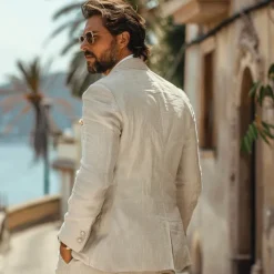 Hot OUKU Men's 100% Linen Blazer Jacket Wedding Party Casual Elegant Vacation Summer Spring Linen Blue Linen Blazer Solid Color Single Breasted Two-button Blazer Blue Beige