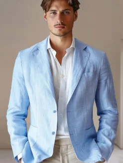 Discount OUKU Men's 100% Linen Blazer Jacket Wedding Party Anniversary Summer Spring Linen Solid Color Single Breasted One-button Blazer Beige Blue