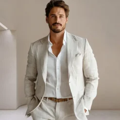 Online OUKU Men's 100% Linen Blazer Jacket Wedding Party Anniversary Summer Spring Linen Solid Color Single Breasted One-button Blazer Blue Beige