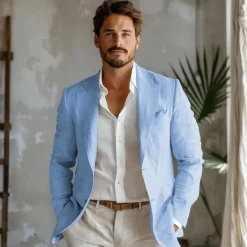 Online OUKU Men's 100% Linen Blazer Jacket Wedding Party Anniversary Summer Spring Linen Solid Color Single Breasted One-button Blazer Blue Beige