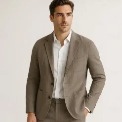 Online OUKU Men's 100% Linen Blazer Jacket Wedding Party Anniversary Summer Spring Linen Solid Color Single Breasted One-button Blazer Blue Beige