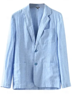 Online OUKU Men's 100% Linen Blazer Mens Linen Jackets Formal Evening Wedding Party Blue Summer Blazer Fashion Casual Spring & Summer Pocket Casual / Daily Single Breasted Blazer Beige Light Blue