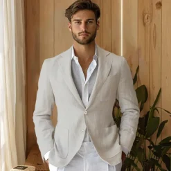 Sale OUKU Men's 100% Linen Blazer Suits Outdoor Pocket Spring Blue Linen Jacket & Fall 100% Linen Solid Color Button Pocket Single Breasted Blazer Blue Beige