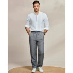 Discount OUKU Men's 100% Linen Pants Trousers Casual Pants Drawstring Elastic Waist Straight Leg Plain Comfort Breathable Casual Daily Holiday Fashion Classic Style Dark Gray