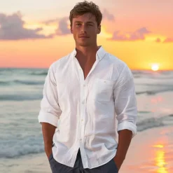 Hot OUKU Men's 100% Linen Shirt Button Up Shirt Beach Shirt Long Sleeve Plain Lapel Spring & Fall Daily Vacation Clothing Apparel White