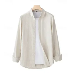 Discount OUKU Men's 100% Linen Shirt Button Down Shirt Casual Shirt Solid Color Formal Casual White Light Green Red Dark Navy Long Sleeve Turndown Summer Winter Clothing Apparel Plain