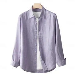 Discount OUKU Men's 100% Linen Shirt Button Down Shirt Casual Shirt Solid Color Formal Casual White Light Green Red Dark Navy Long Sleeve Turndown Summer Winter Clothing Apparel Plain