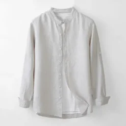 Online OUKU Men's 100% Linen Shirt White Light Grey Light Blue Long Sleeve Solid Color Standing Collar School Formal Buttons Clothing Apparel Elegant Vacation Vintage Neutral