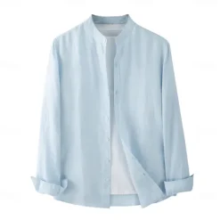 Online OUKU Men's 100% Linen Shirt White Light Grey Light Blue Long Sleeve Solid Color Standing Collar School Formal Buttons Clothing Apparel Elegant Vacation Vintage Neutral