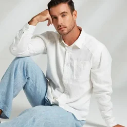OUKU Men's 100% Linen Shirt Long Sleeve Solid Color Turndown Summer Outdoor Office / Career Clothing Apparel Button White