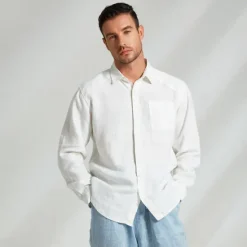 OUKU Men's 100% Linen Shirt Long Sleeve Solid Color Turndown Summer Outdoor Office / Career Clothing Apparel Button White