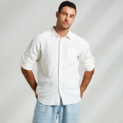 OUKU Men's 100% Linen Shirt Long Sleeve Solid Color Turndown Summer Outdoor Office / Career Clothing Apparel Button White