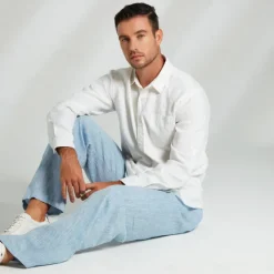 OUKU Men's 100% Linen Shirt Long Sleeve Solid Color Turndown Summer Outdoor Office / Career Clothing Apparel Button White