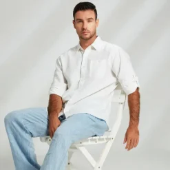 OUKU Men's 100% Linen Shirt Long Sleeve Solid Color Turndown Summer Outdoor Office / Career Clothing Apparel Button White