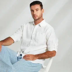 OUKU Men's 100% Linen Shirt Long Sleeve Solid Color Turndown Summer Outdoor Office / Career Clothing Apparel Button White