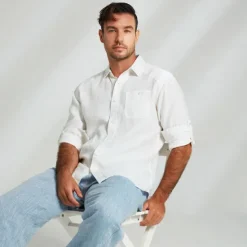 OUKU Men's 100% Linen Shirt Long Sleeve Solid Color Turndown Summer Outdoor Office / Career Clothing Apparel Button White