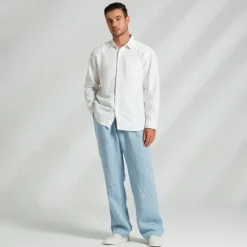 OUKU Men's 100% Linen Shirt Long Sleeve Solid Color Turndown Summer Outdoor Office / Career Clothing Apparel Button White