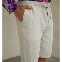 OUKU Men's 100% Linen Shorts Linen Shorts Beach Shorts Tie Front Elastic Waist Plain Breathability Comfortable Short Daily Beach Vacation Casual Beige
