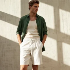OUKU Men's 100% Linen Shorts Linen Shorts Beach Shorts Tie Front Elastic Waist Plain Breathability Comfortable Short Daily Beach Vacation Casual Beige
