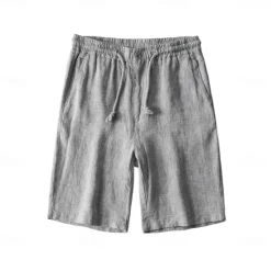 Discount OUKU Men's 100% Linen Shorts Solid Color Knee Length Outdoor Casual Daily Vacation Ethnic Style Denim Blue Light Khaki Inelastic