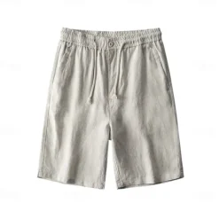 Discount OUKU Men's 100% Linen Shorts Solid Color Knee Length Outdoor Casual Daily Vacation Ethnic Style Denim Blue Light Khaki Inelastic