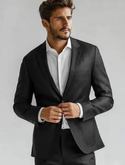 Hot OUKU Men's 100% Linen Suits Linen Blazer Formal Wedding Party Lined Daily Coats / Jackets Spring & Fall Linen Solid Color Button Pocket Comfy Open Front Blazer Navy Blue Black