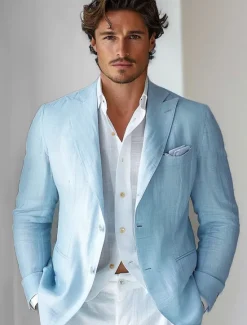 Best OUKU Men's 100% Linen Suits Outdoor Pocket Spring & Fall Solid Color Button Pocket Single Breasted Blazer White