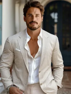 Best OUKU Men's 100% Linen Suits Outdoor Pocket Spring & Fall Solid Color Button Pocket Single Breasted Blazer White